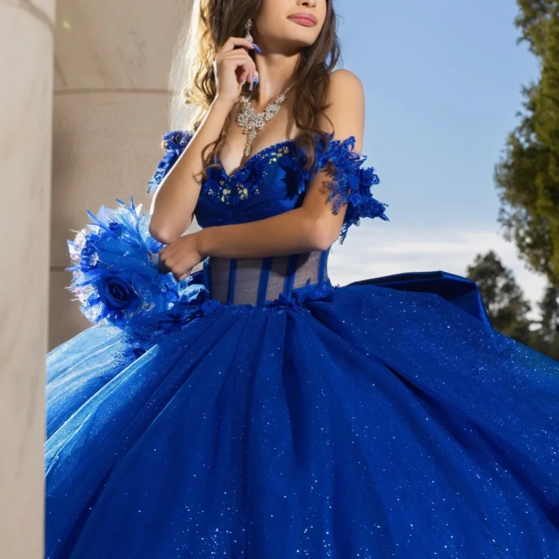

Royal Blue Quinceanera Dress off-shoulder Glitter Crystal 3D Flower Decal Long tail Bow vestidos de 15 Quinceanera ﻿Customized