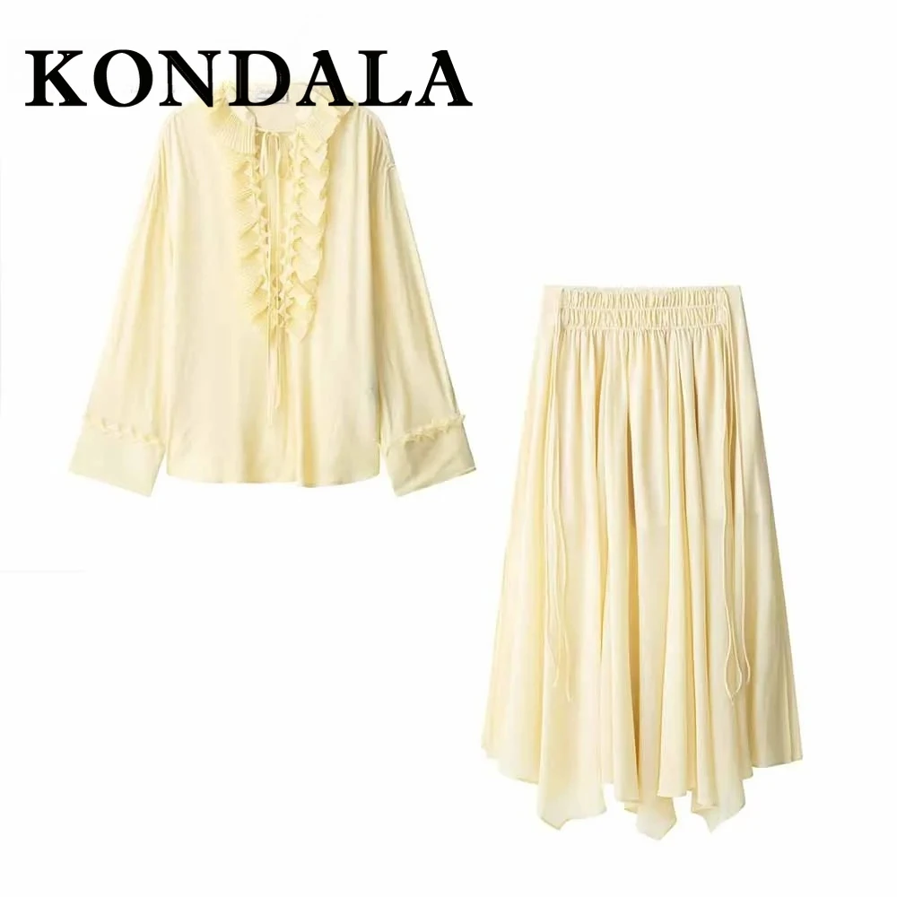 KONDALA ヴィンテージイエローエレガントな女性スーツ V ネックレースアップルーズシャツ + プレーテッドロングスカートカジュアル女性春 2025 ホリデーセット