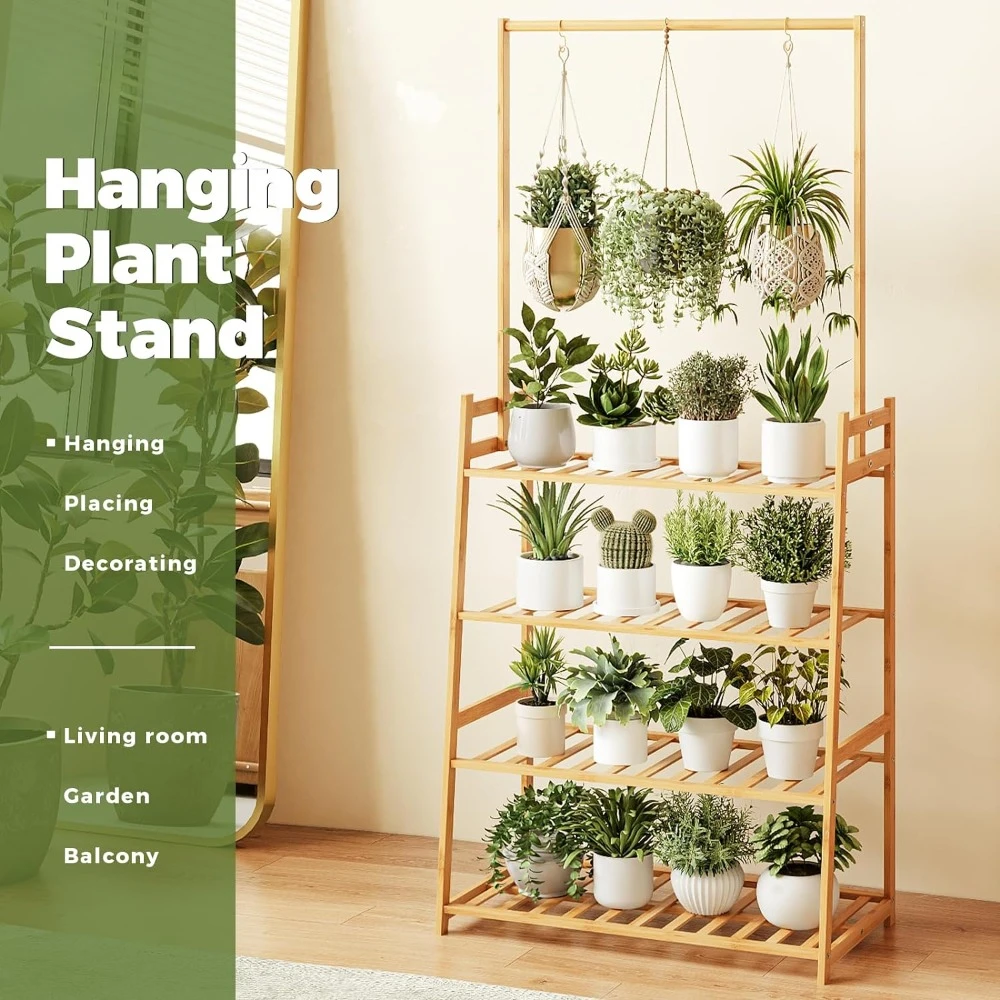 Shelf Hanging 4 Tier Plant Stand Indoor Stand for Flowers Bamboo Tall Plant Shelf for Multiple Plants Display Outdoor Furniture