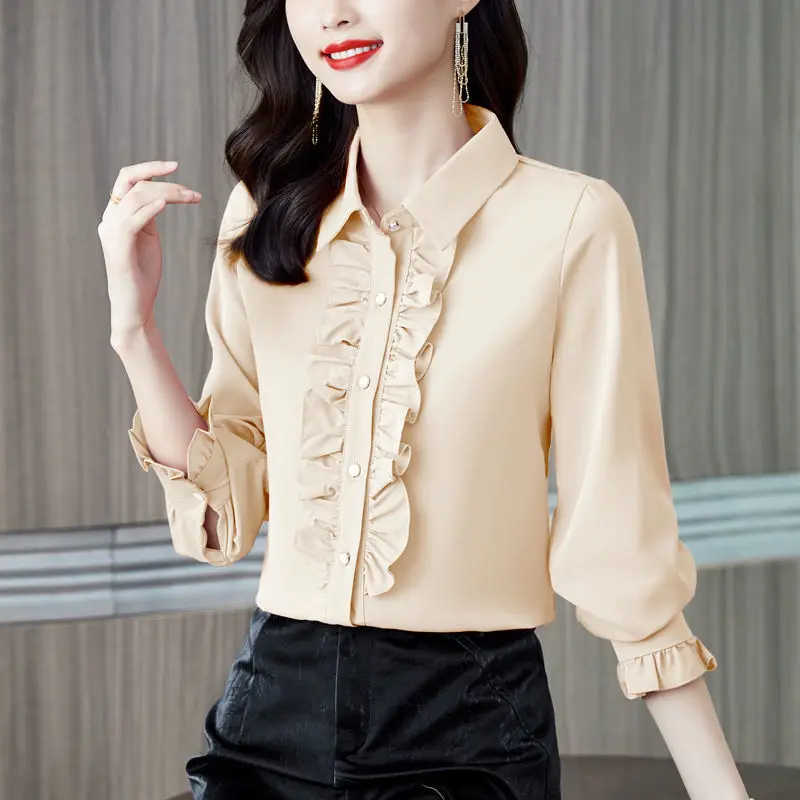 Spring Autumn New Female Ruffles Spliced Polo-Neck Shirt Office Lady Fashion Long Sleeve Solid Color All-match Button Blouse