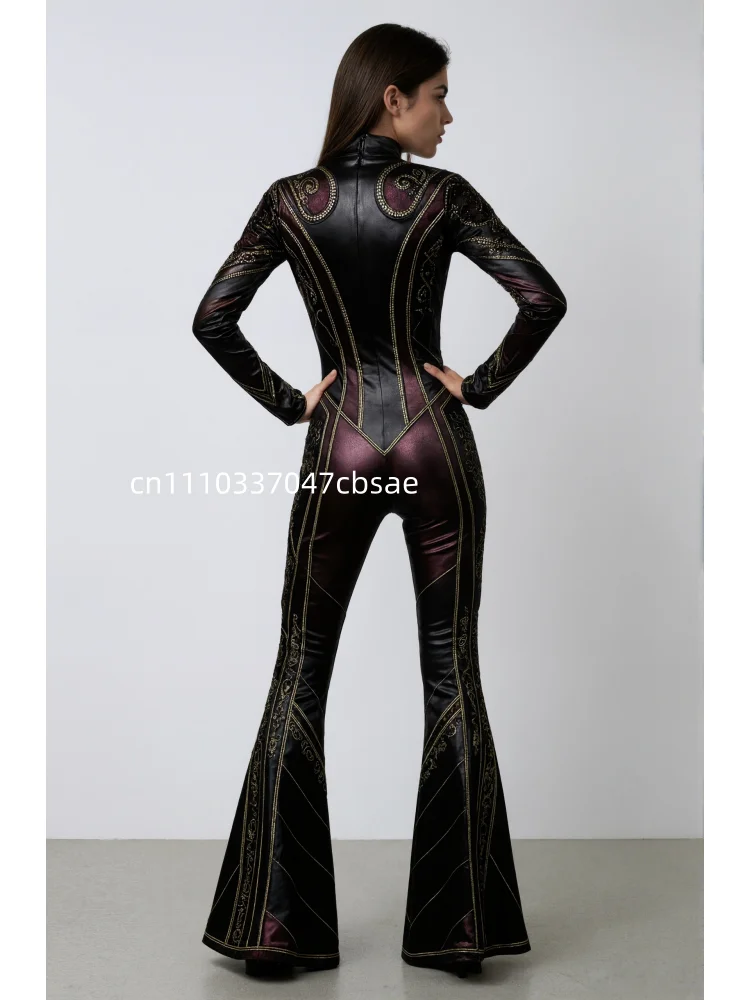 Damen Retro Skinny Flared Bell Bottom Jumpsuit, königlicher Bühnen-Performance-Bodysuit, Leoparden-Club-Cosplay-Show-Outfit – Detail 10