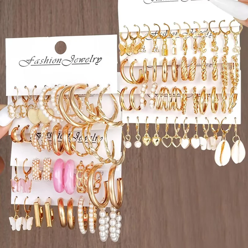 88 Pcs Fashion Women Earring Set Boho Vintage Gold Color Pearl Heart Drop Earring Exquisite Jewelry, Party, Holiday Couple Gifts