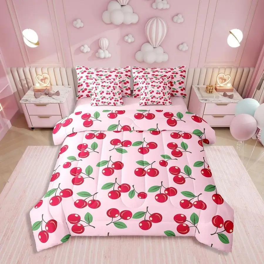 

Cherry 7 Piece Bedding Set Queen Red Fruit Cherry Comforter Set with Sheets Cute Tropical Fruit Bed in A Bag for Kids Boys Girls
