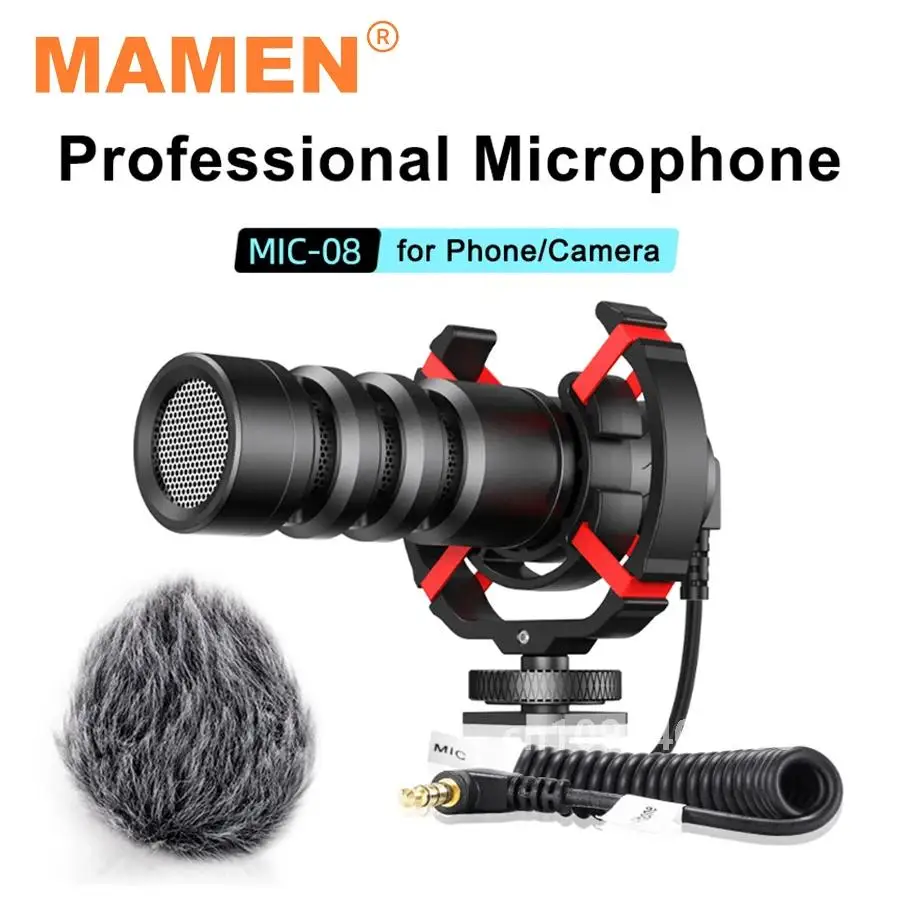 MAMEN Aluminum Alloy Professional Recording Microphone with Spring Cable Plug and Play for Canon Nikon DSLR Camera Smartphone