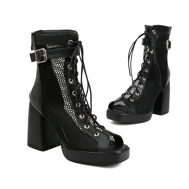 Kcenid New Sexy High Heels Hollow Mesh Boots Summer Fashion Trend Comfort Peep Toe Boots Jazz Dance Female Shoes Zipper Black
