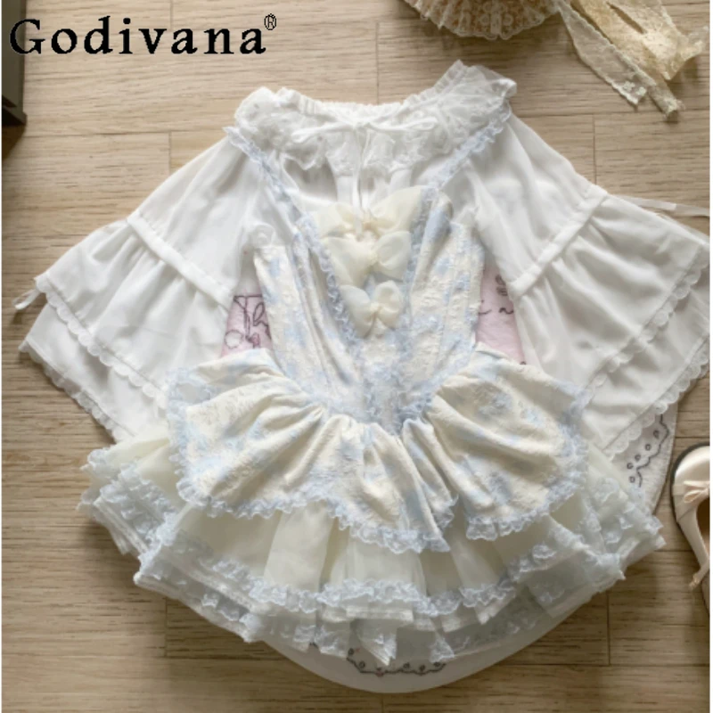 

Spring Summer Elegant Lolita Slash Neck Long Flare Sleeve Sweet Girl Blouse Cute Japanese Chiffon Lace Loose Versatile Shirts