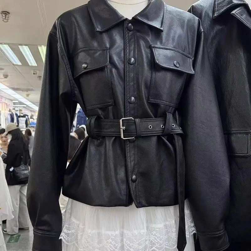 Autumn Belt Leather Jacket Women High-Quality PU Leather Biker Jacket Pockets Single-Breasted Coat Design Clothes Versatile Tops