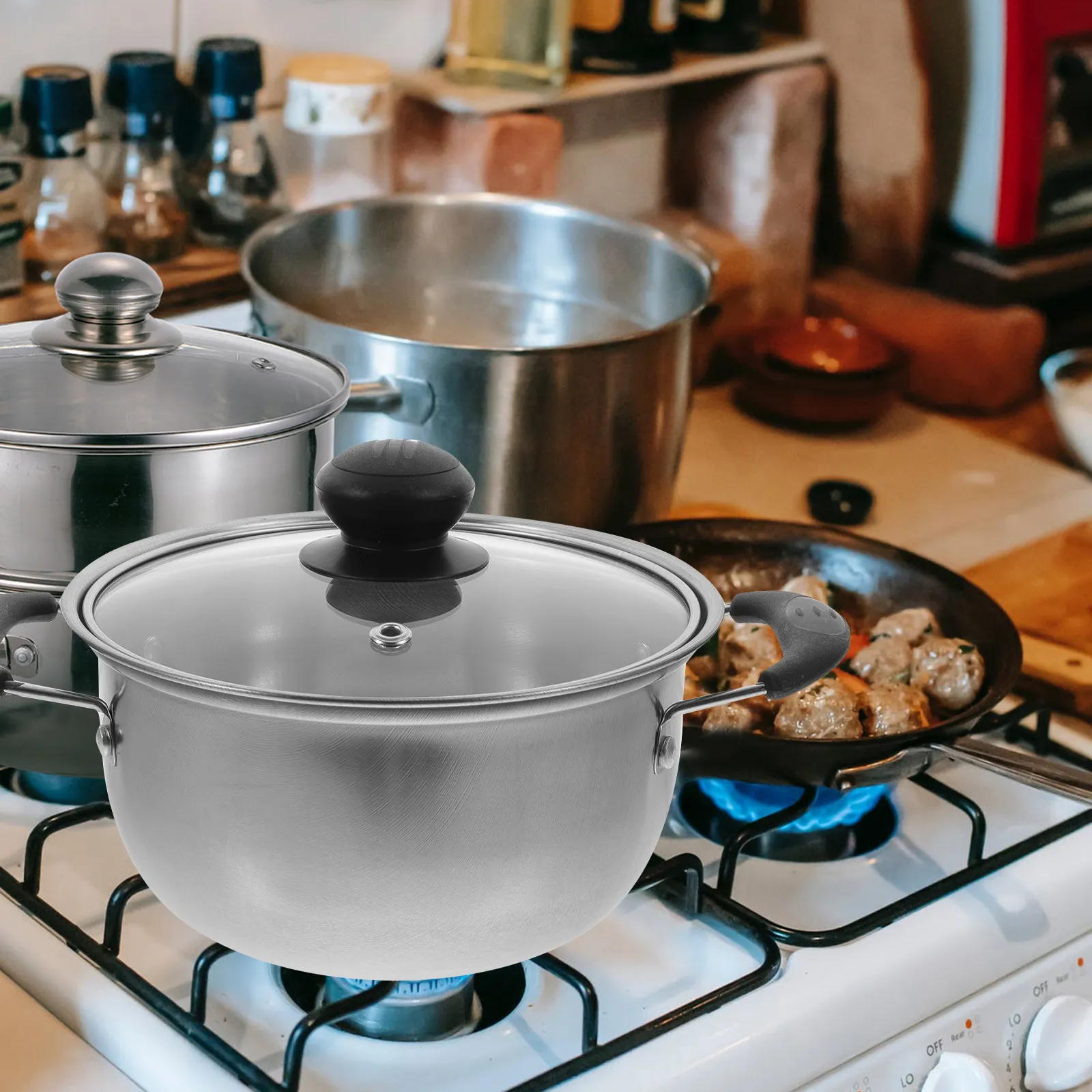 1Pcs Stainless Steel Stock Pot Ergonomic Handle Glass Lid Multifunctional Household Cooking Pot for Gas Electric Stoves Healthy
