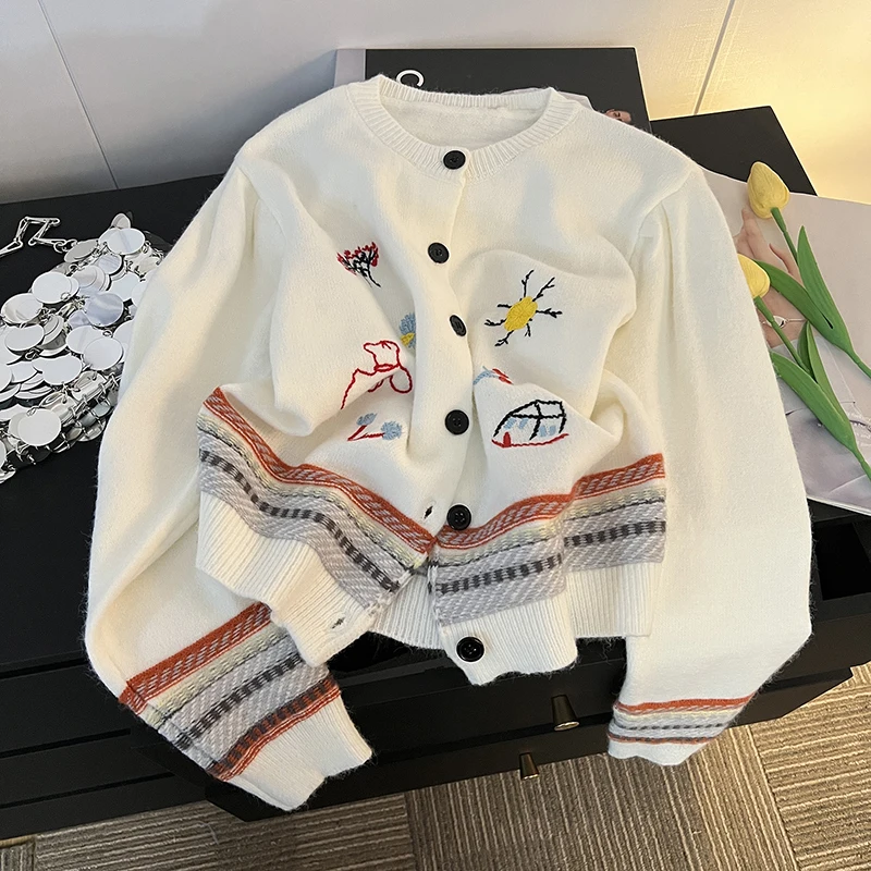 

Autumn Women's White Striped Cardigan Knitted Sweater Harajuku Y2k Long Sleeves Sweater Jumper Vintage 2000s Aesthetic Clothes
