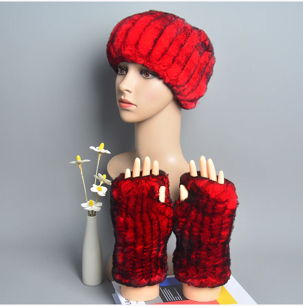 One Set Women Real Rex Rabbit Fur Cuff+Headband Winter Warmer Hat Arm Wrist Sleeve Gloves Female Real Fur Cap+Elastic Wristband