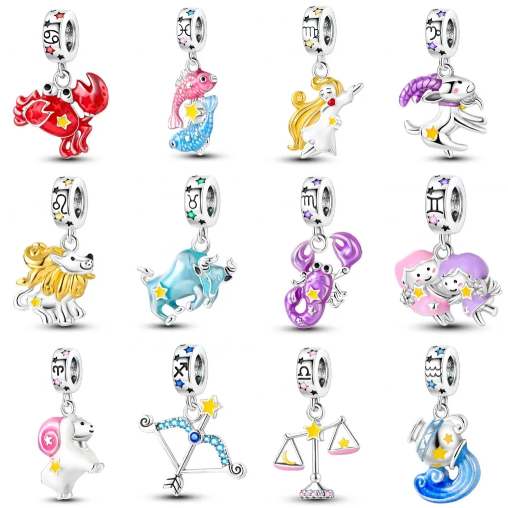 Glow-in-the-dark constellation Pendant 925 Silver Fits Original Women Bracelet Luminous Zodiac Signs Charm Bead DIY Jewelry Gift