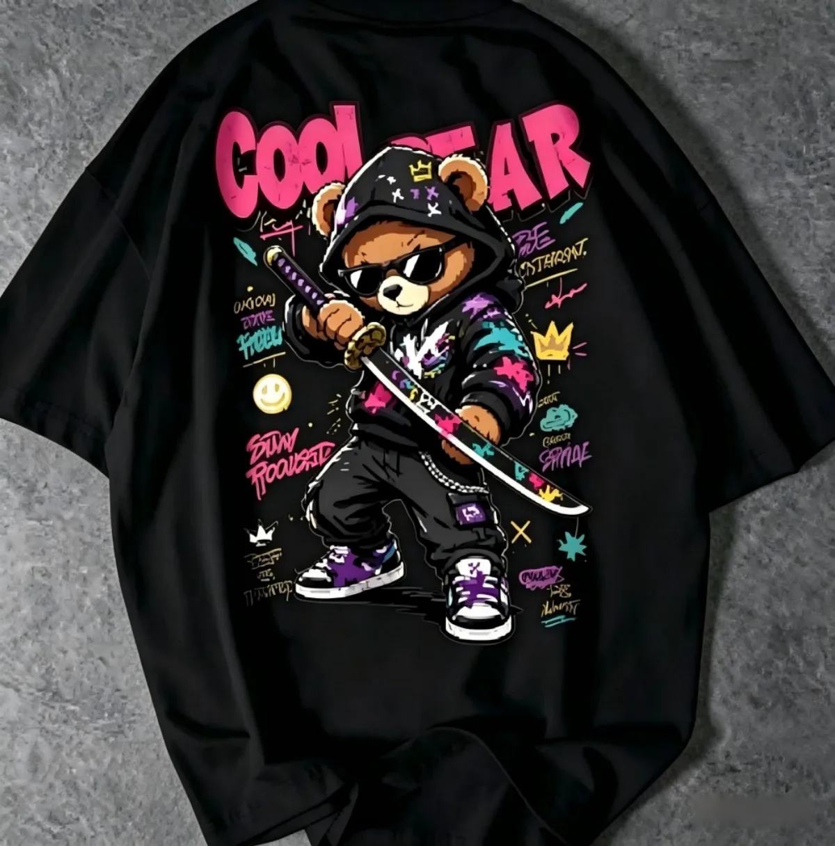 American men's summer teddy bear samurai sword letter print micro elastic breathable round neck T-shirt outdoor street top