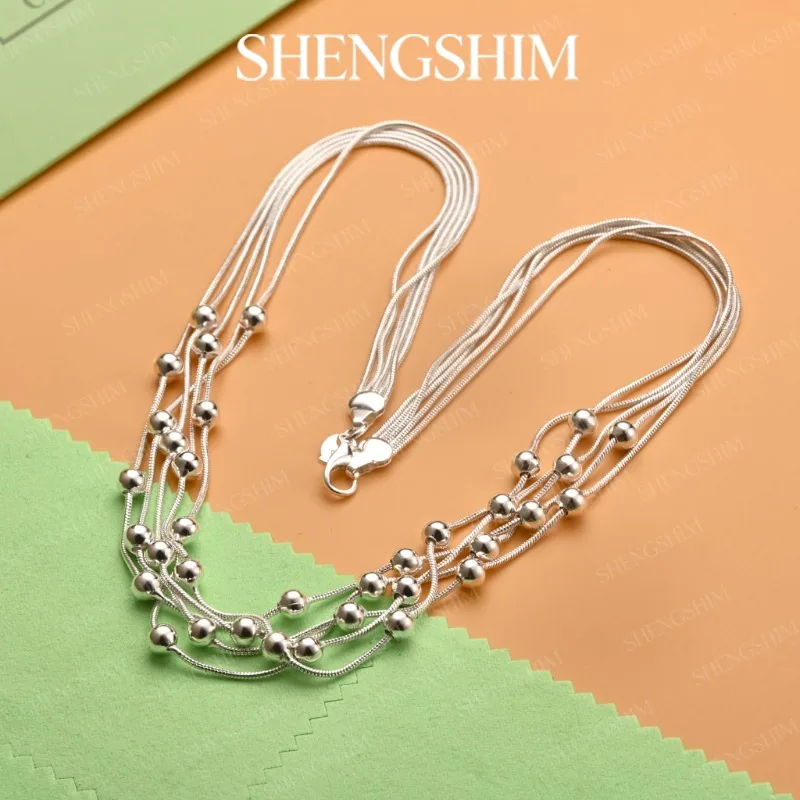 SHENGSHIM 925 Sterling Silver Multi Chain Strand Beaded Necklace For Men Women Fashion Jewelry Engagement Birthday Gift