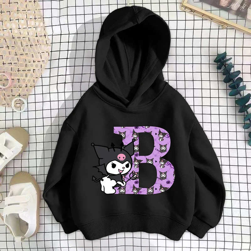 Sanrio Kuromi Children's Hoodie Cute Letter A-Z Y2K Fashion Sweatshirt Thin Plush Girls Clothes Cartoon Kids Clothing Pullover