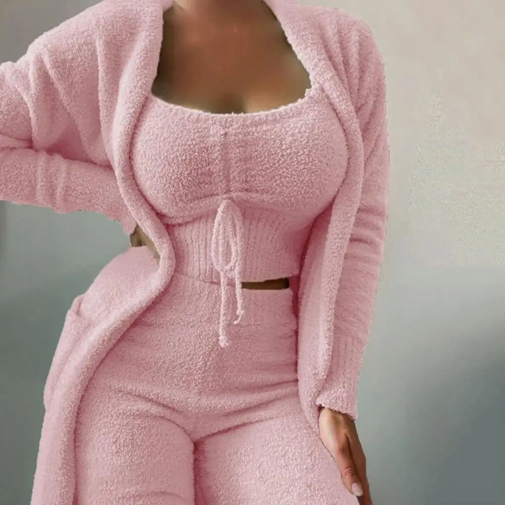 3 Pcs/Set Women Pajamas Set Solid Color Plush Crop Tops Trousers Set Thermal Short Tops Warm Long Coat Pants Suit For Sleeping