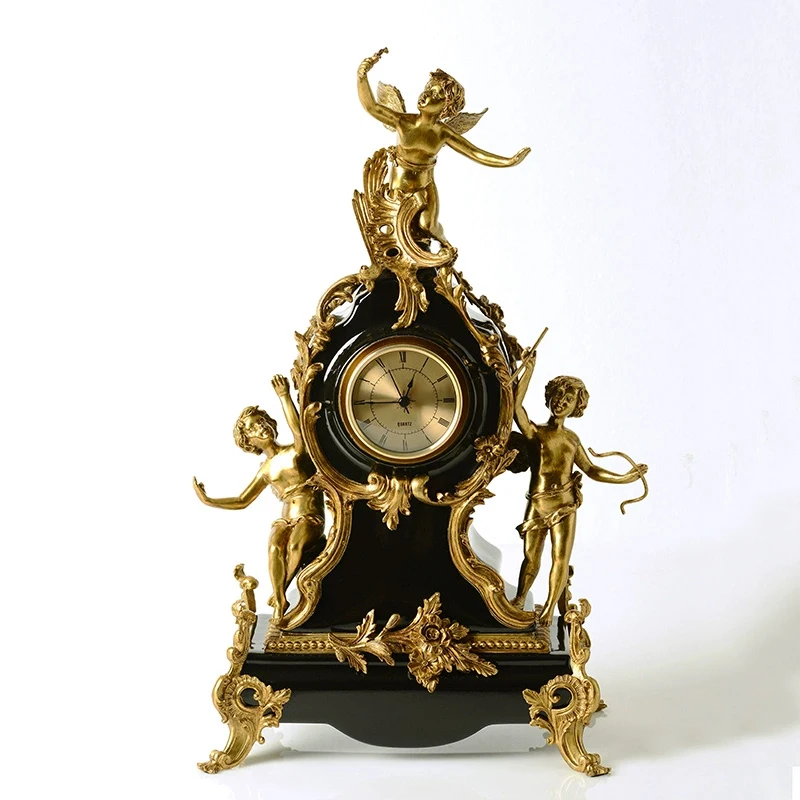 

Retro Black Porcelain Table Clock With Brass Angel Ornaments European High-End Ceramic Desk Clock Exquisite Handcrafted Clock