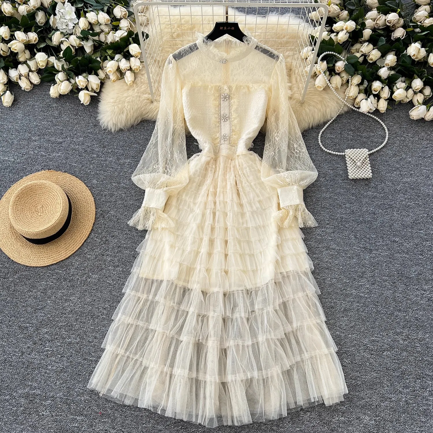 

Runway Luxury Mesh Lace Embroidered Floral Dress Summer Women Long Sleeve Bead Button Embroidery Ruffles Office Party Midi Dress