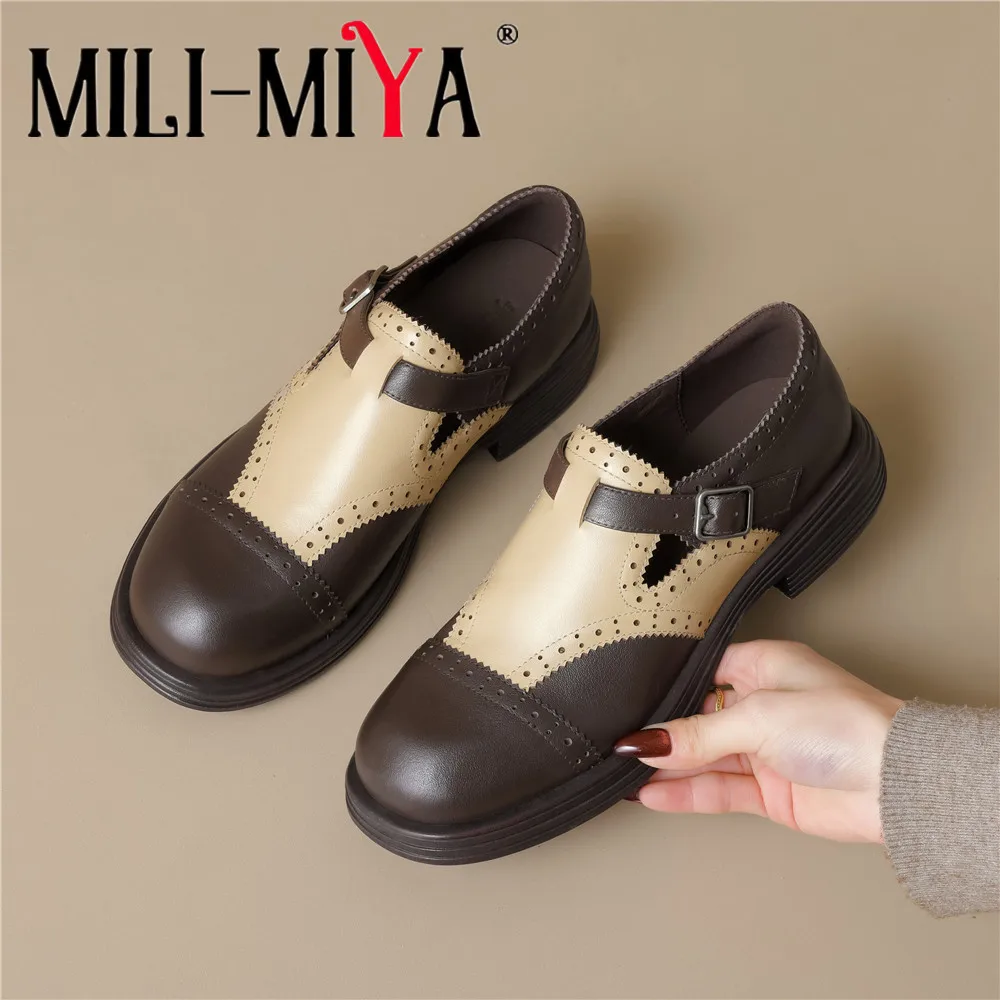 

MILI-MIYA Women's Classic Round-Toe Cow Leather High-Heel Shoes With Colour-Blocked Upper And Chunky Heel Casual Pumps Handmade