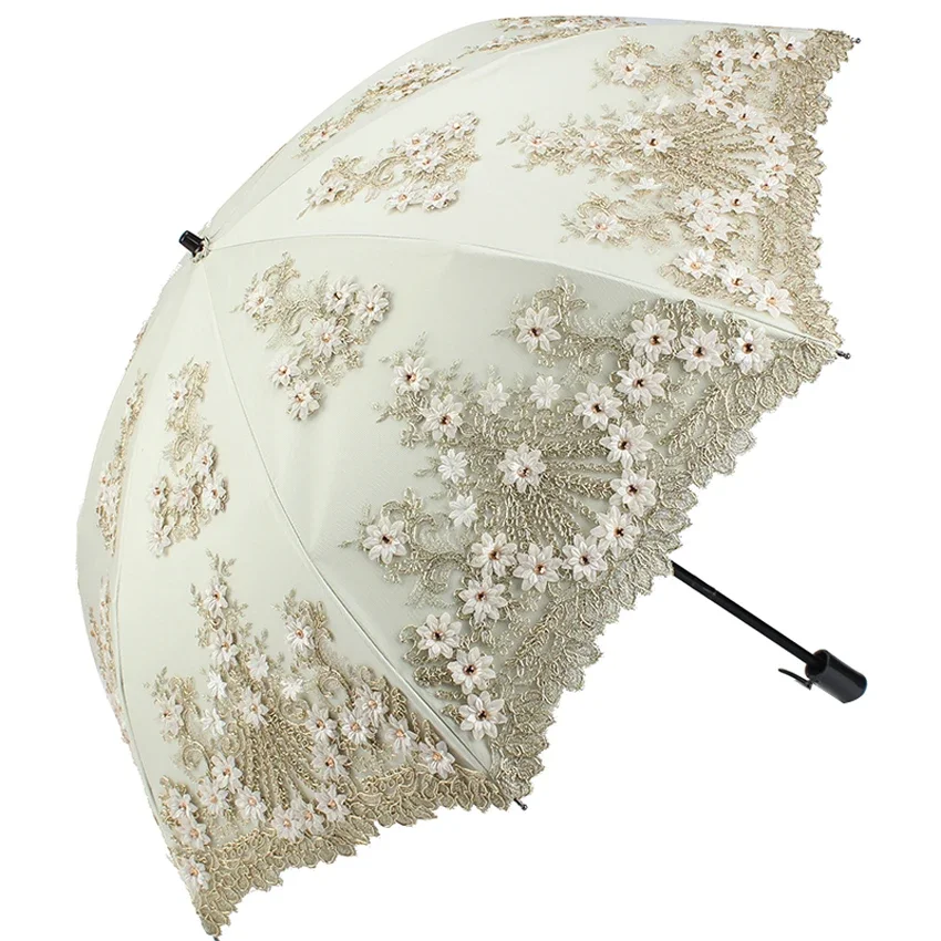 Double Sunscreen Umbrella for Women, UV Protection, Lace Flower Embroidery Umbrella, Mini Umbrella Folding Dual-Use Sun Umbrella