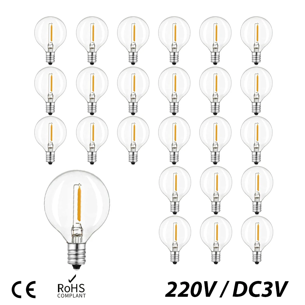 Tira de luces LED G40 de 1W, Bombilla de plástico de repuesto E12, AC220V, DC3V, Blanco cálido, 2200K, reemplazo de bombillas incandescentes de 7W