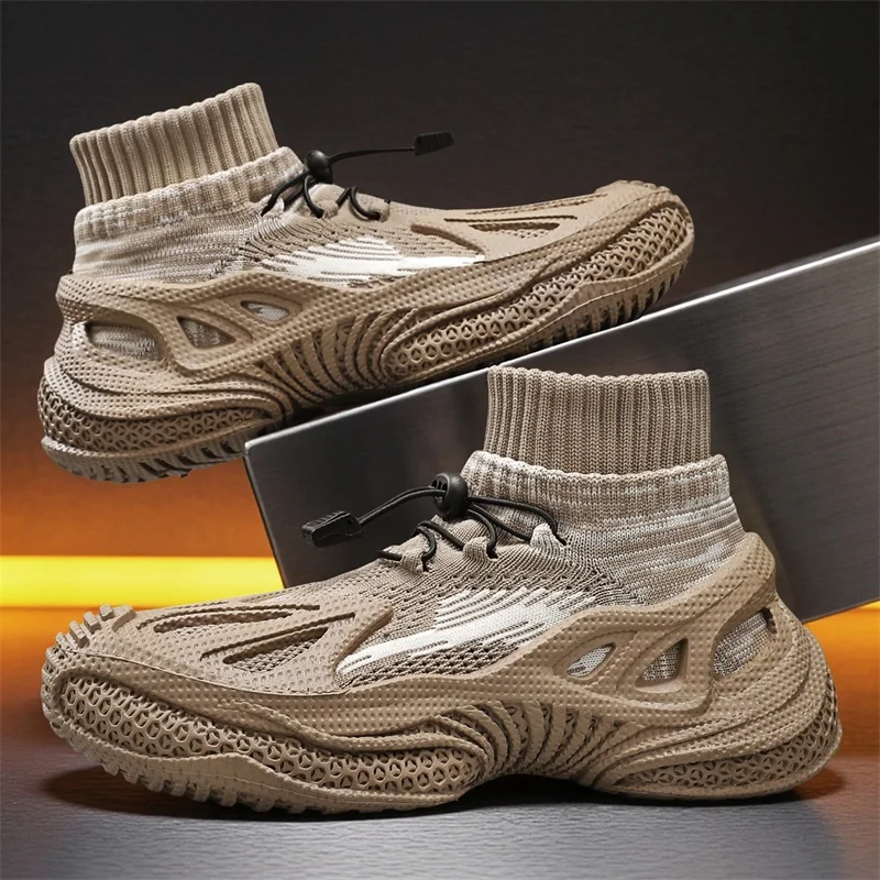 Classic Black Men's High Top Shoes Breathable Knit Socks Shoes Man Outdoor Trendy Mecha Shoes Men Casual Boots Chaussure Hommes