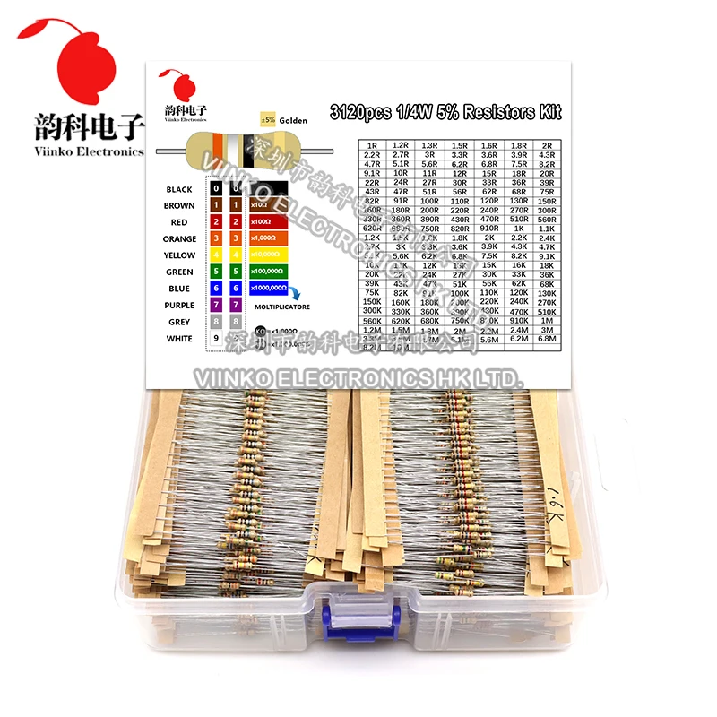 3120pcs 1/4W Carbon Film Resistor Kit 5% Resistance Assortment Set 156valuesX20pcs 1R - 10M ohm 0.25W Sample Pack