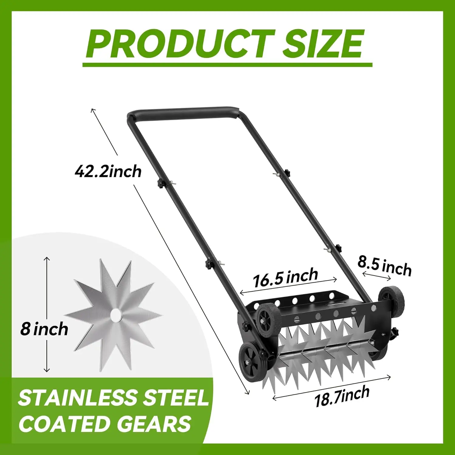 مهوية عشب مقاس 18 بوصة، مهوية دفع عالية التحمل مع 4 عجلات، أداة حديقة مهوية بمقبض فولاذي، أداة مهوية يدوية للحديقة مع #6