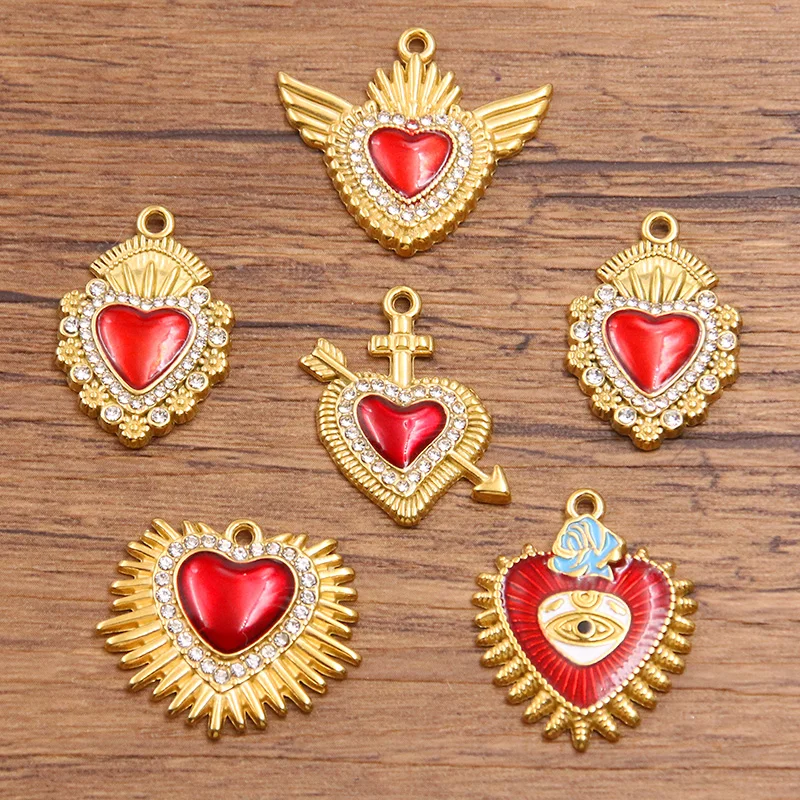 

2Pcs 5 Styles Stainless Steel Enamel Drop Oil Red Pendant Brick Inlaid Love Heart Charm DIY Earrings Jewelry Making