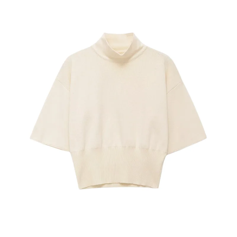 Withered Casual Versatile Stand Up Collar Short Sleeved Waist Cinched Knit Sweater For Women T-shirt Woman Clothes Female Clothi