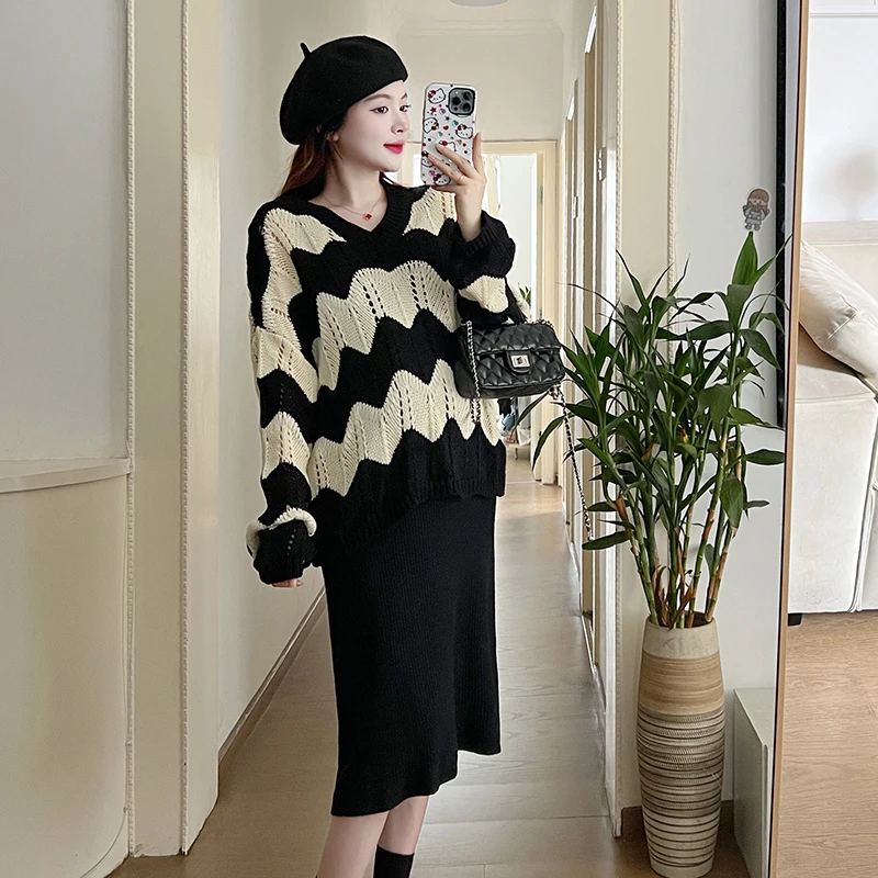 

Korean Style Autumn Pregnant Women Loose Clothes Set Long Sleeve Striped Sweater Black Dress Two-piece Set Maternity Dress Suits