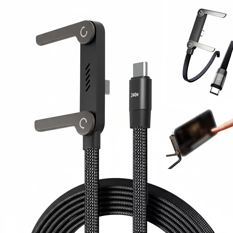 240 watt braided fast charging cable, with built-in mobile phone holder, 2-in-1 invisible bracket charging cable