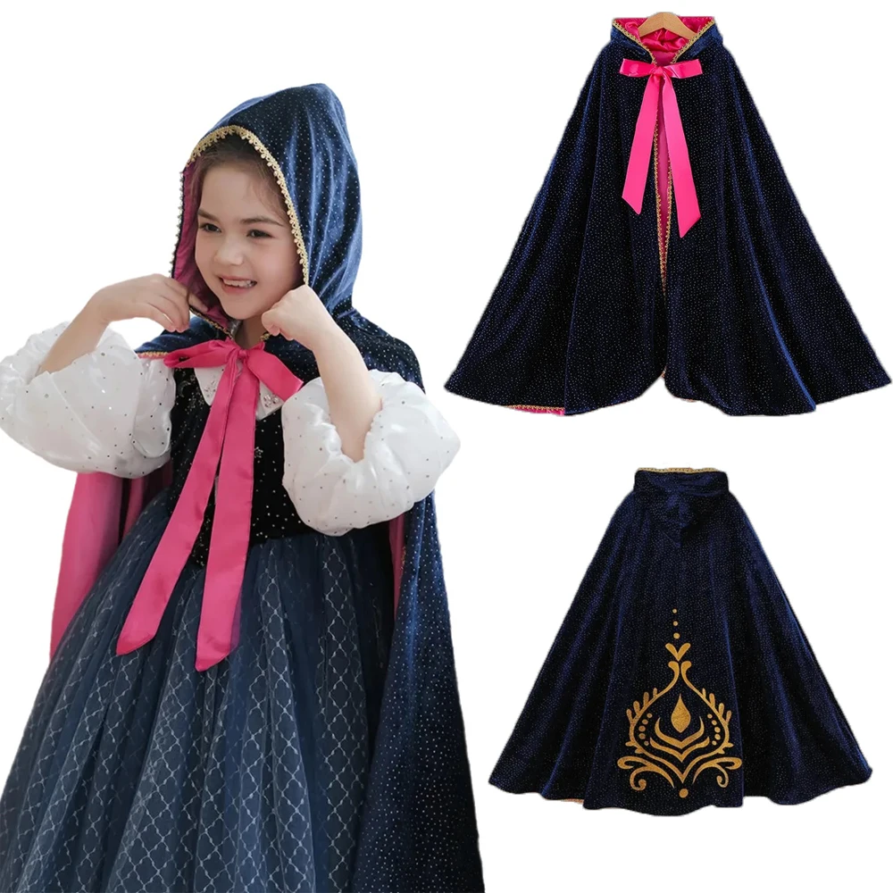 

Темно-синяя бархатная детская накидка с капюшоном Эльза Анна, косплей, плащ для рождественской вечеринки, костюм для девочек, плащ с капюшоном для празднования дня рождения