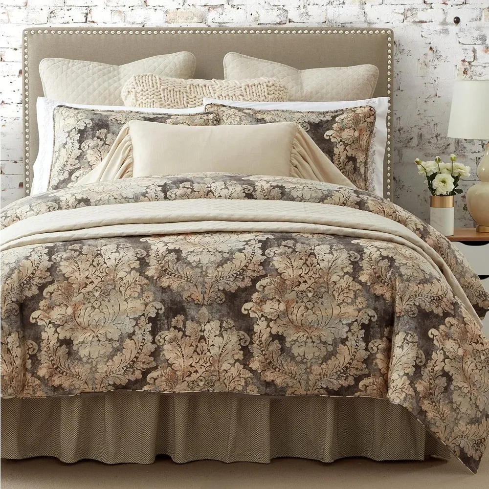 

3 Piece Comforter Set with Pillow Shams, Super Queen Size, Smoky Damask Washed Linen Luxury Bedding Set