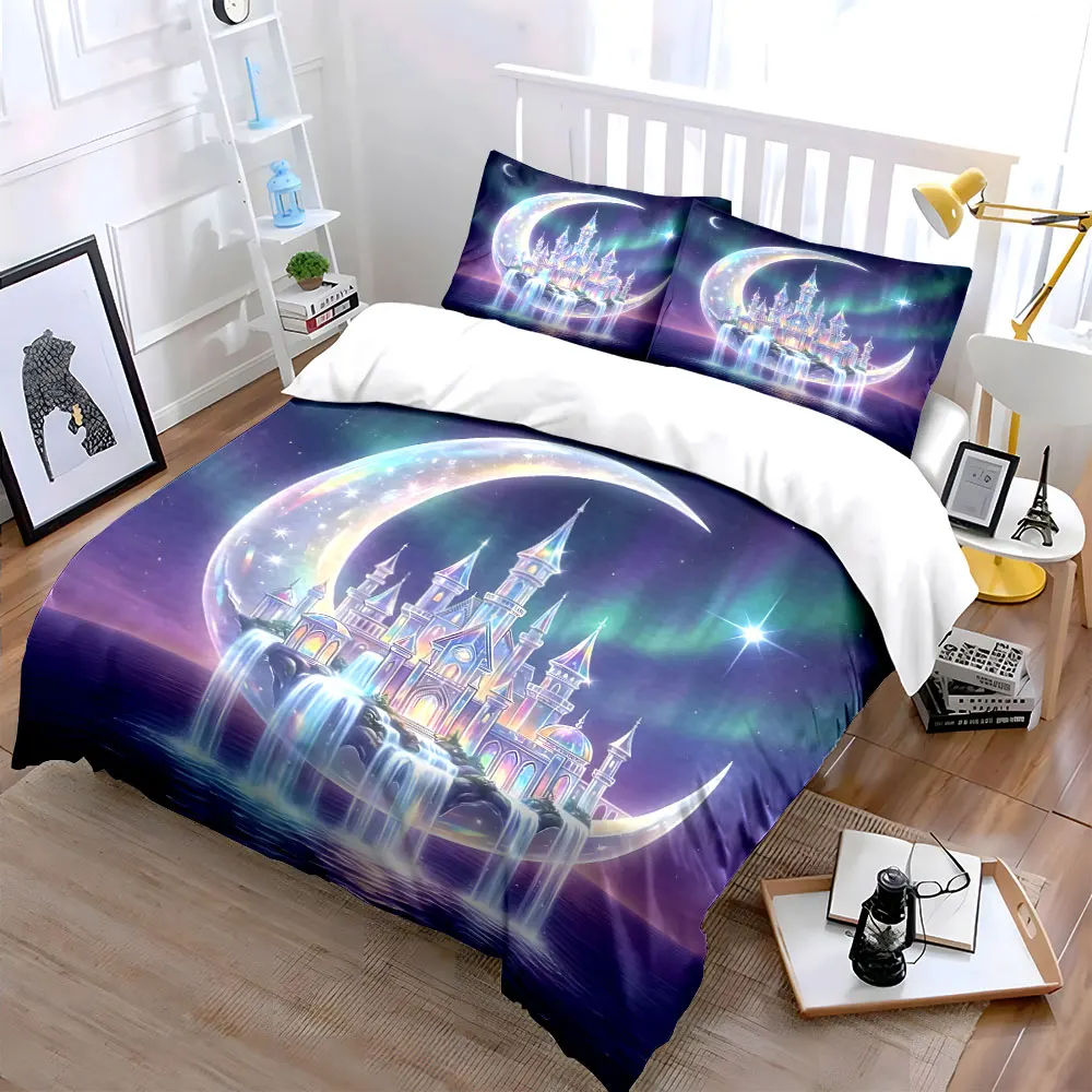 Dreamlike castle floating on crescent moon Duvet Cover Set with 3D Printing Design Soft Polyester Bedding Set All-Season Comfort