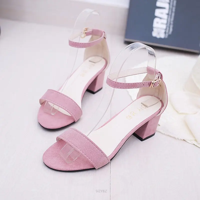 Suede Open Toe High Heels Sandals Women New Summer Shoes Fashion Sexy Word Buckle Strap Ladies Shoes Female Roman Square Heel