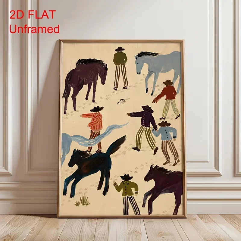 2D Flat, 2D FLAT 1pc Unframed Vintage Western Cowboy Horse Canvas Poster Abstract Equestrian Mid Century Wall Art Print Minimali