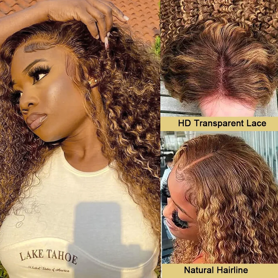 250% 13x6 Glueless Highlight Wig Human Hair Honey Blonde Lace Front Wigs For Women Curly Deep Wave Lace Frontal Human Hair Wig