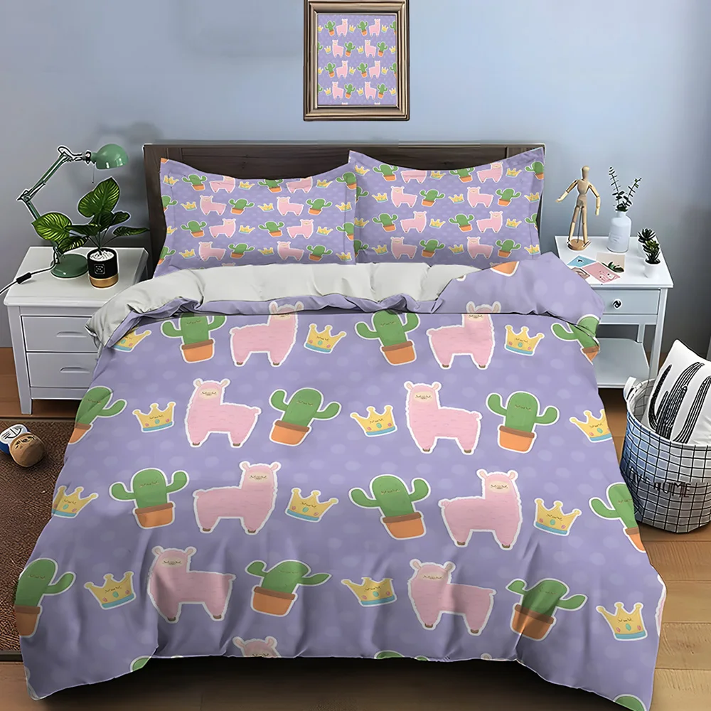 3PC Cartoon llama pink cactus Print Bedding Set 1 Duvet Cover 2 Pillowcases for Adult and Children Luxury Gift Full Size