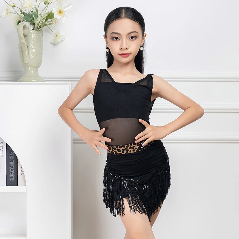 

2025 Summer Latin Performance Dress Girl Sleeveless Bodysuit Fringe Skirt Children ChaCha Rumba Stage Wear Practice Clothes 3326