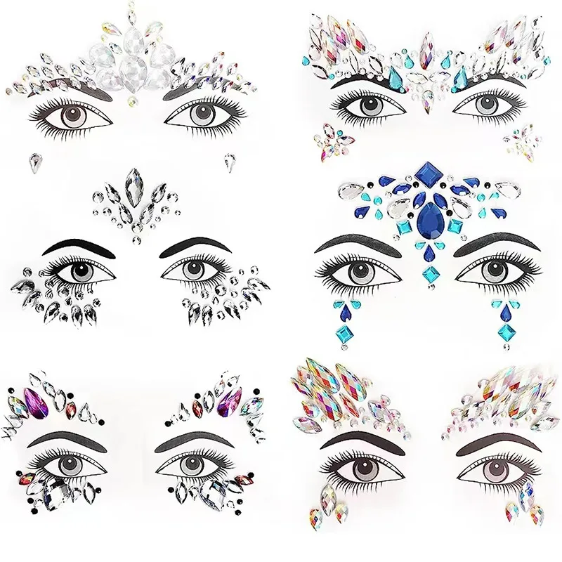 6pcs Face Festival Stickers 3D Diamond Temporary Tattoo Kids Show Makeup Halloween Party DIY Face Jewelry Tattoo Decoration