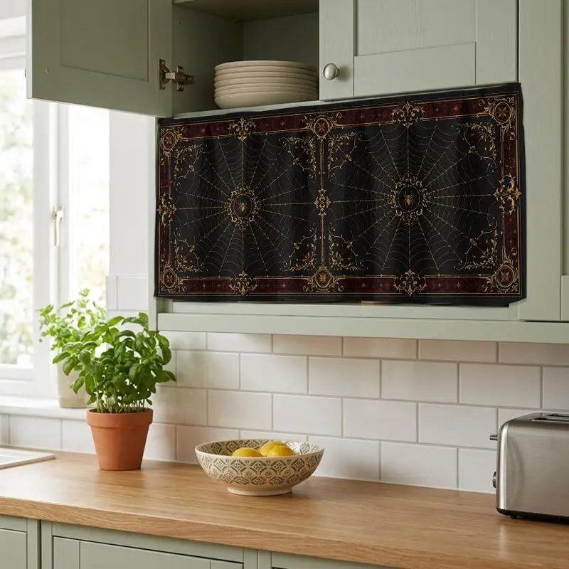 VIKAMA Gothic Golden Spider Web Under Sink Skirt Hook and Loop No Drill Cabinet Curtain Vintage Dark Kitchen Home Decor Cover