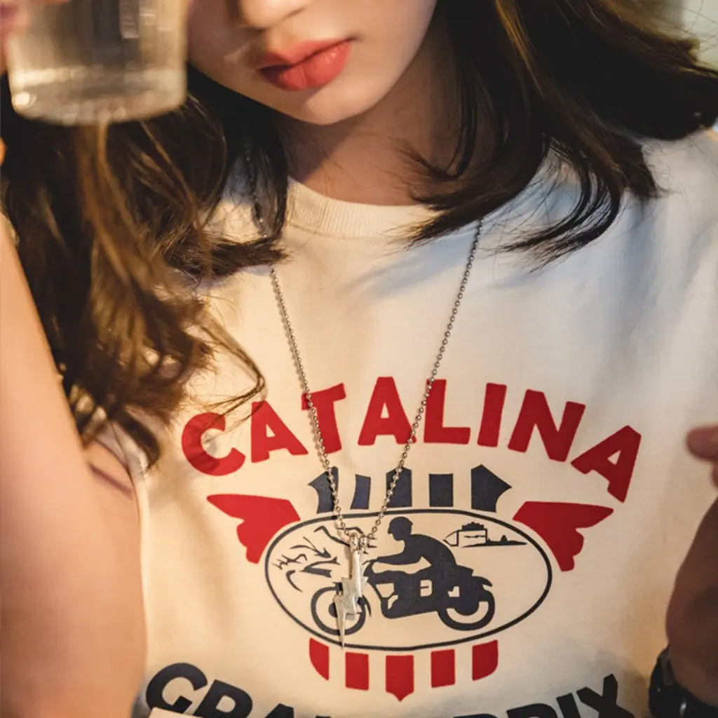 

Madden Women's Retro American Style T-shirt Short Sleeve Shoulder Wide Loose Design Summer Top with Letter Print