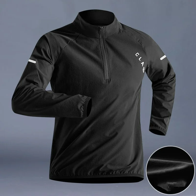 Quick Drying Clothes Men Autumn Sports T-shirt Stand Neck Loose Long Sleeved Outdoor Running Tracksuit Breathable Half Zip Top