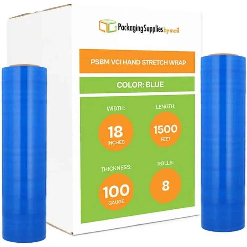 

VCI Stretch Wrap, 8 Pack, 18 Inch x 1500 Feet, 100 Gauge, Aqua Plastic Cling, Hand Shrink Film with Volatile Corrosion Inhi