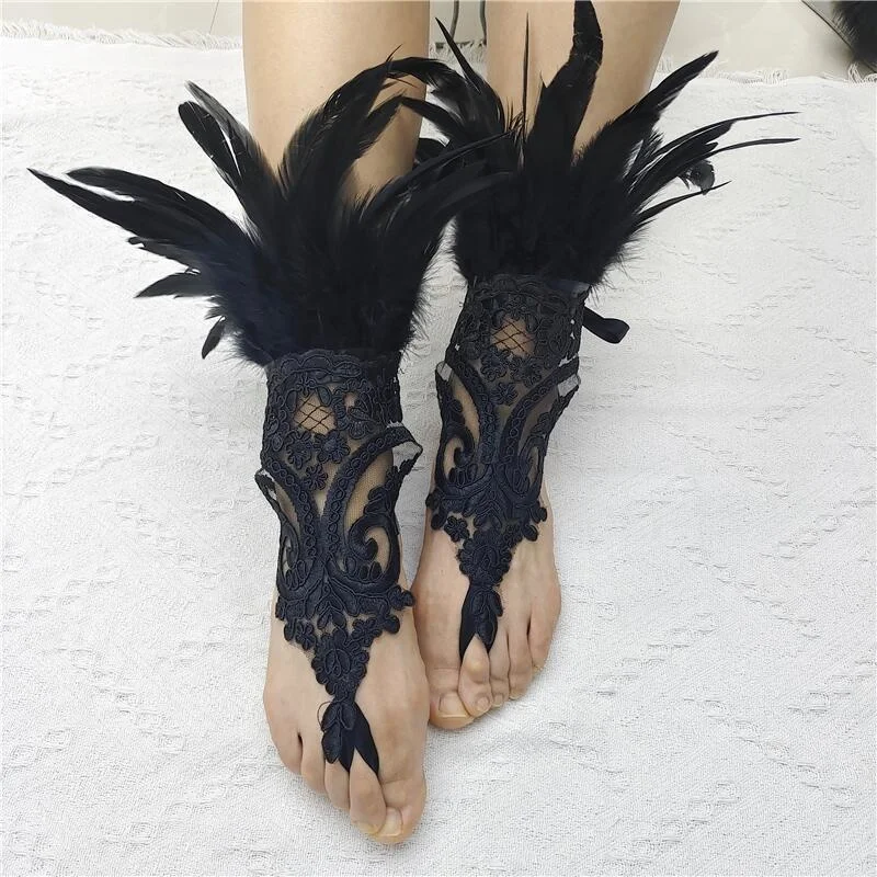 Mesh Gloves Women Halloween Lolita Cosplay Y2k Feather Cuffs Fingerless Mittens Lace Black Long Rave Accessories Feather Apparel