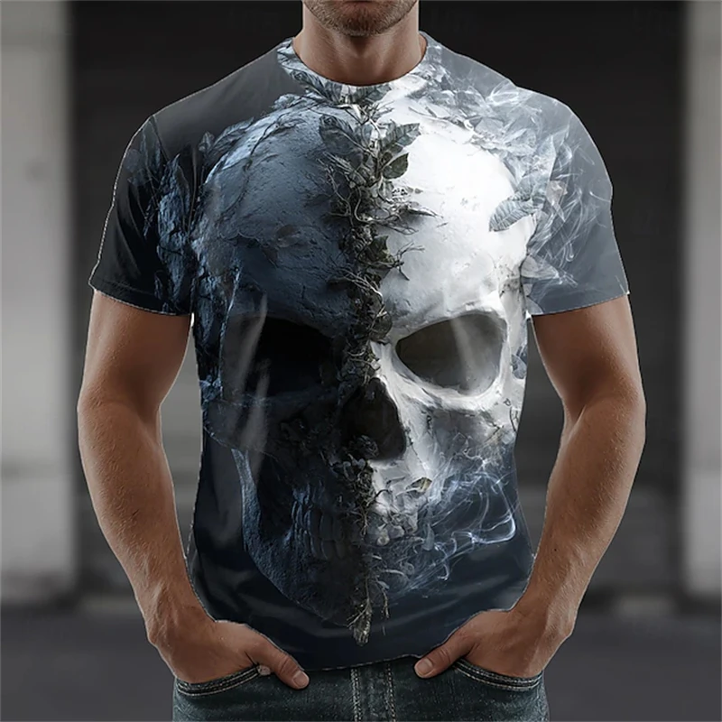 

2025 Summer New Men's T-Shirt Collection Fashionable 3D Print Crew Neck Short Sleeve Retro Two-Tone Skull Print Pullover