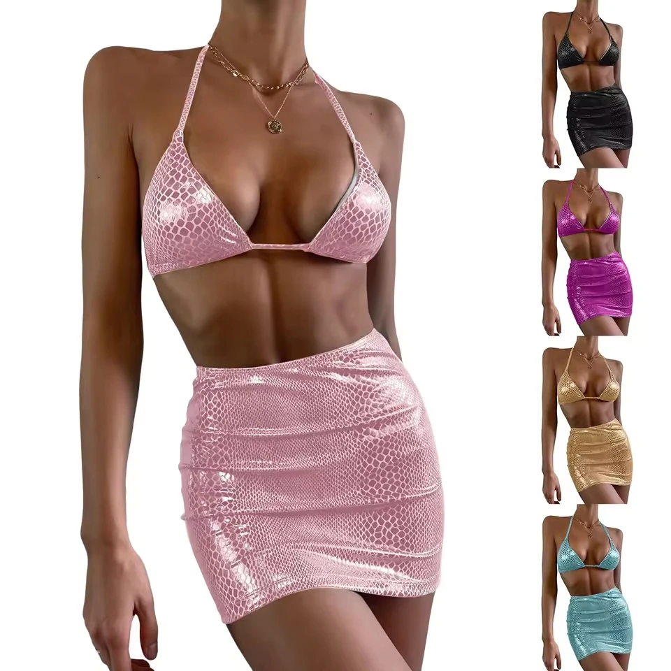 

Women'S 3 Piece Swimsuits Snakeskin High Cut Halter Bikini Set With Beach Skirt Traje De BañO Mujer Women'S Bikinis And Tankinis