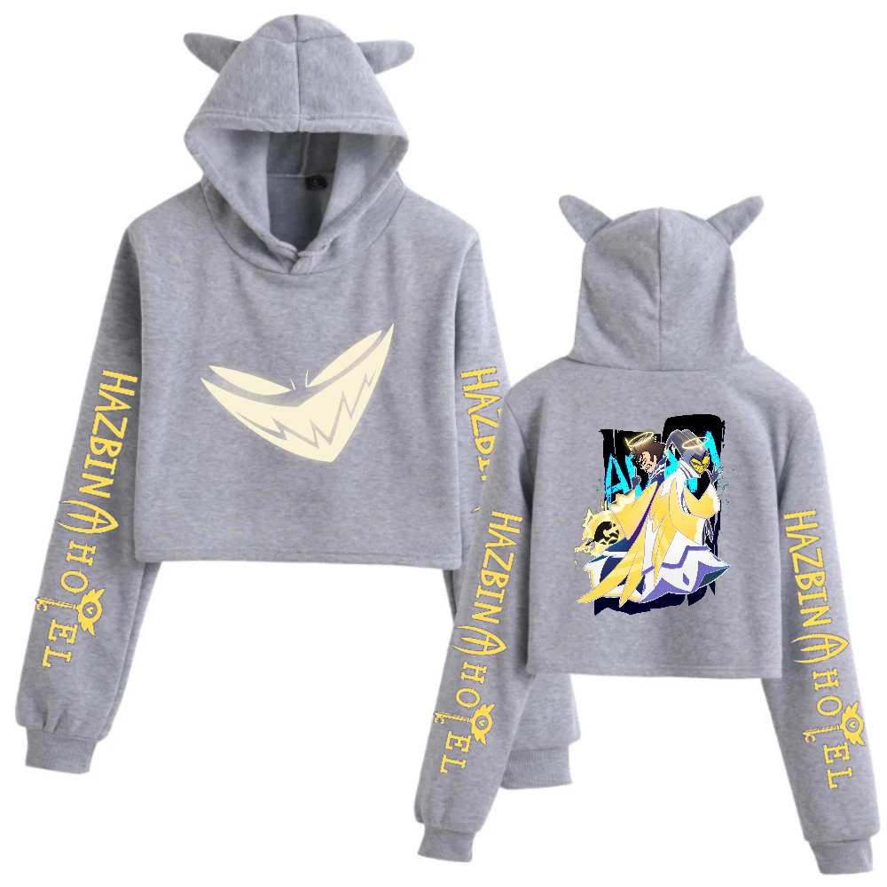 أنيمي آدم هازبين فندق آذان القط هوديي 2 الوجهين طويلة الأكمام المحاصيل قمم الفتيات الأزياء هوديي