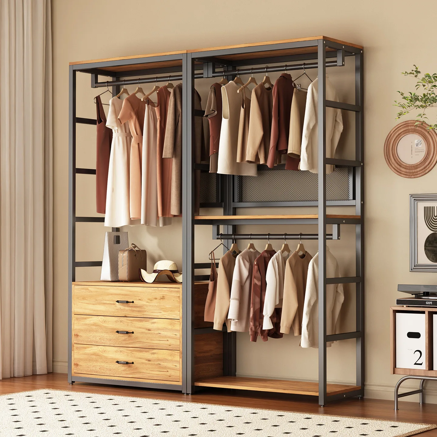 

Steel and wood wardrobe Walk-in cloakroom Hanging hanger Bedroom Multifunctional floor-to-ceiling home wardrobe with drawers