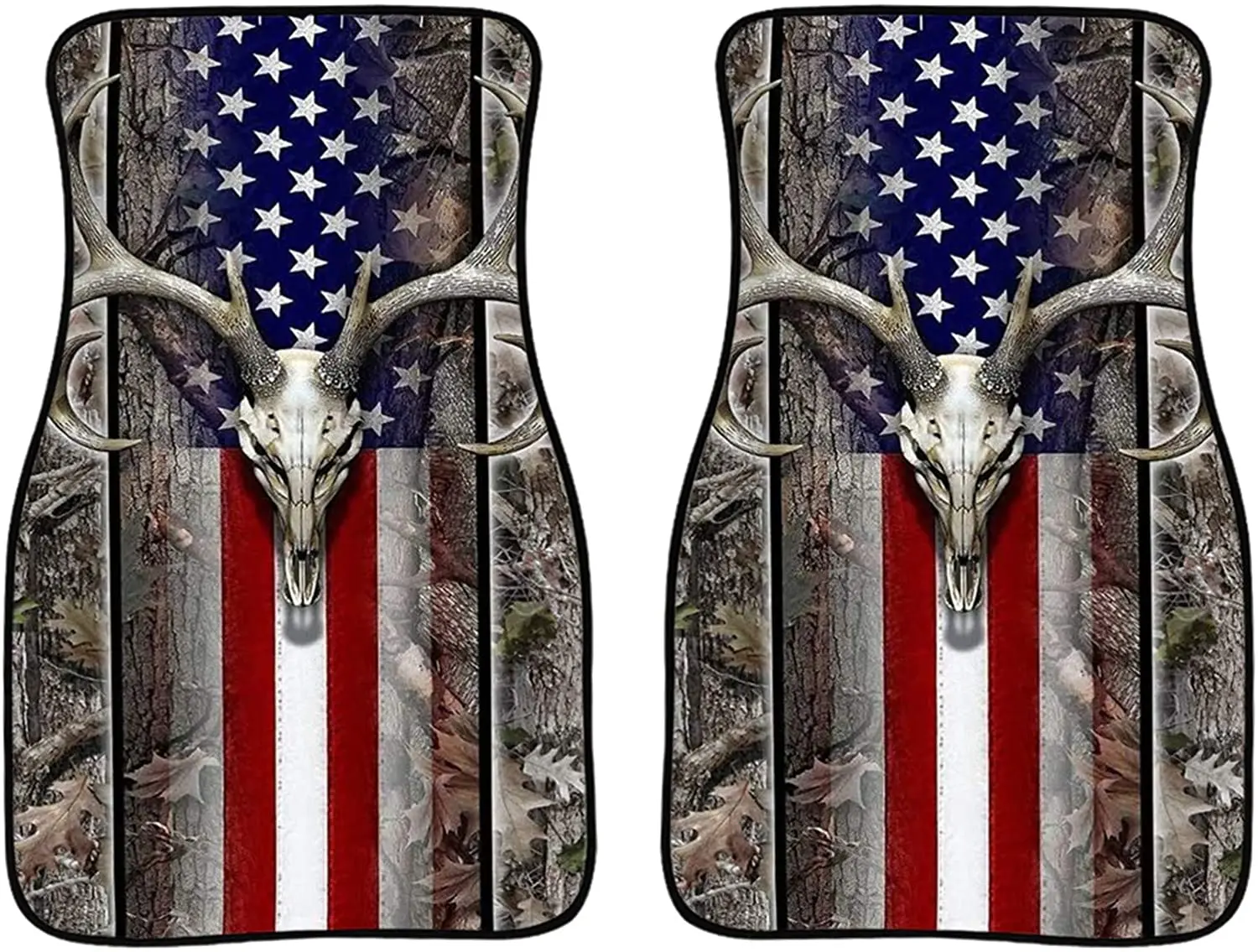 

American Flag Wooden Deer Skull Camo Car Interior Trim 2-Pack, Women's Anti-Slip Front Car Floor Mats, All Seasons